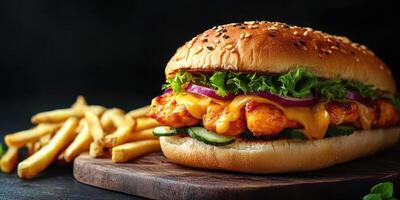 Delicious chicken sandwich served with crispy French fries on a wooden cutting board photo