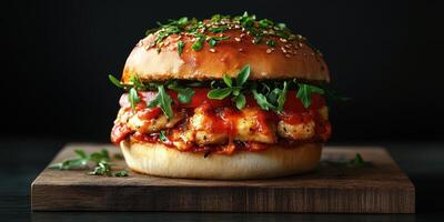 Mouthwatering handmade chicken burger with fresh greens and rich sauce on a wooden board photo