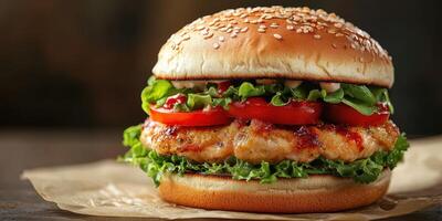 Juicy grilled chicken burger with fresh vegetables and sesame seed bun served on a rustic table photo