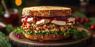 Delicious holiday sandwich stacked with turkey, stuffing, and cranberry sauce on a wooden board photo