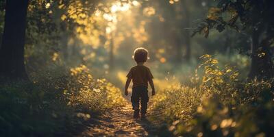 Child walking along a sunlit path in a forest during golden hour, surrounded by nature and tranquility photo