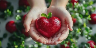 Holding a shiny heart-shaped red object surrounded by green leaves in a natural setting during the daytime photo