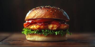 Freshly prepared grilled chicken burger with lettuce and tomato served on a wooden table photo