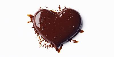 Melted chocolate shaped like a heart on a white surface showcasing its glossy texture and rich color photo