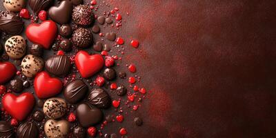 Assorted chocolate candies in heart shapes and festive designs on a dark surface for a celebration or special occasion photo