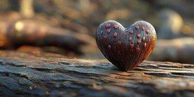 Crafted wooden heart rests on rugged surface capturing the essence of love in nature photo