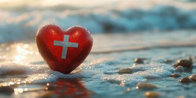 Heart-shaped decoration with a cross lies on the sandy shore near the water in the early morning light photo