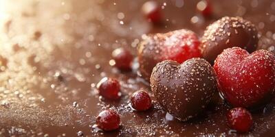 Heart-shaped chocolates on a shiny surface with red candies and a warm glow in the background photo