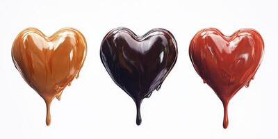 Heart-shaped drips of various chocolate types displayed on a white background for culinary inspiration photo