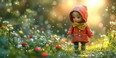 Outdoor exploration of a small doll in a red coat among blooming flowers at sunset photo