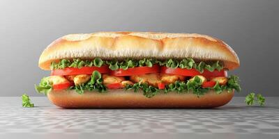Freshly made sandwich with grilled chicken, lettuce, and tomato on a simple gray background photo
