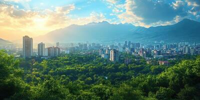 City skyline with lush greenery and mountains in the background during golden hour photo