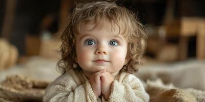 Cute toddler with curly hair and bright blue eyes looking curiously while sitting indoors surrounded by soft textures photo