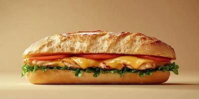 Delicious chicken sandwich with fresh lettuce, ripe tomatoes, and melted cheese on a toasted bun photo