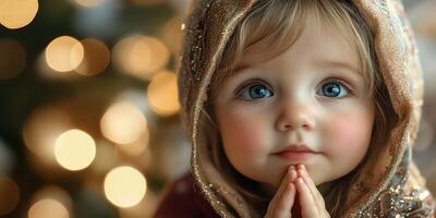 Sweet child with sparkling blue eyes praying in front of a blurred festive background during holiday season photo