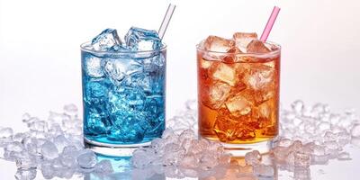 Refreshing colorful drinks with ice cubes on a bright surface during summer photo