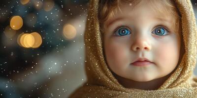 Child with sparkling eyes wearing a golden hood gazes thoughtfully amidst a gentle snowfall photo