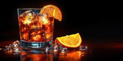 Refreshing cocktail with ice and orange garnishes on a dark background showcases vibrant hues photo