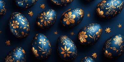 Decorative Easter eggs arranged artistically on a dark blue background showcasing intricate gold designs and floral patterns photo
