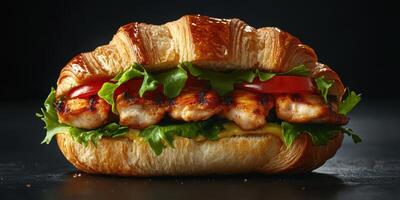 Delicious croissant sandwich filled with grilled chicken, lettuce, and tomato against a dark background photo