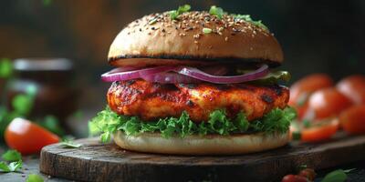 Juicy grilled chicken burger topped with fresh vegetables and herbs served on a rustic wooden board photo