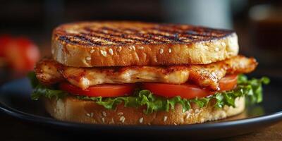 Grilled chicken sandwich with fresh lettuce and tomato served on toasted sesame seed bread photo