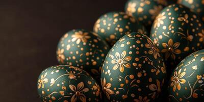 Decorative green Easter eggs with floral patterns on a dark background celebrating the spring season photo