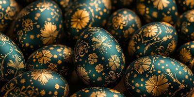 Decorative eggs resting together showcasing intricate floral designs in rich colors for a festive occasion photo