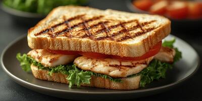 Grilled chicken sandwich with fresh vegetables served on a rustic plate in a cozy setting photo