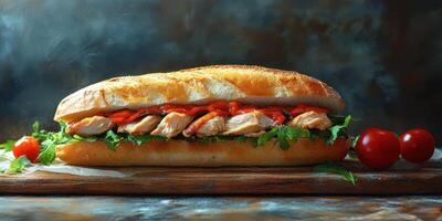 Freshly made sandwich with grilled chicken and vegetables on a wooden board photo