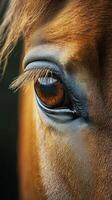Close-up of a horse's eye revealing intricate details and captivating reflections photo