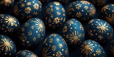 Decorative blue and gold eggs arranged artfully for an elegant celebration during the spring season photo
