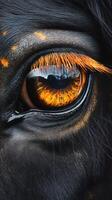 Close-up view of a striking horse's eye with vibrant orange hues in the iris and long eyelashes photo