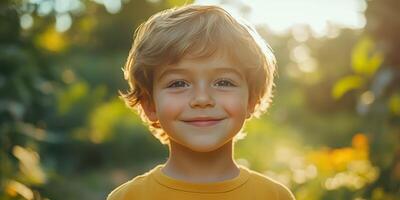 Young boy smiles brightly in a sunlit garden during golden hour photo