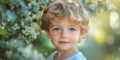Small child with curly hair and bright blue eyes smiles amid blooming flowers in a natural setting during daylight photo