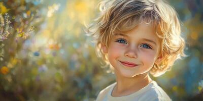Child with curly blond hair smiles brightly in a sunlit garden filled with colorful flowers during the afternoon photo