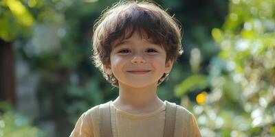 Young child smiles joyfully in a lush garden setting during daylight, capturing pure happiness in nature photo