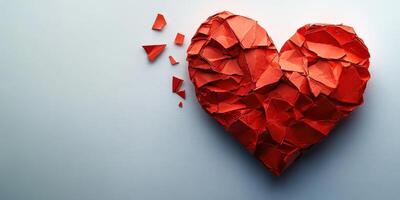 Unique red heart made of broken paper pieces on a light blue background photo