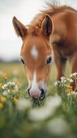 Young foal grazing in a field of wildflowers on a cloudy day photo