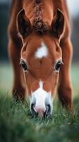 Young foal grazing on fresh grass in a lush green field near a farm in early morning light photo
