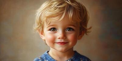 Child with blonde curly hair and expressive eyes smiling warmly in a soft-lit indoor setting photo