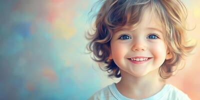 Smiling child with curly hair against a colorful background captures the joy of childhood in a bright setting photo