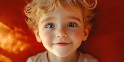 Joyful child with curly hair smiles brightly in warm afternoon light on vibrant red background photo