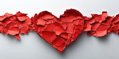 Creative heart shape made of torn red paper pieces on a light background for art and design projects photo
