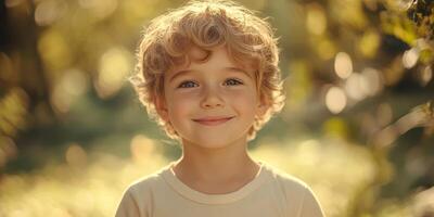 Young boy with curly hair smiles warmly in a sunlit garden during early evening hours photo