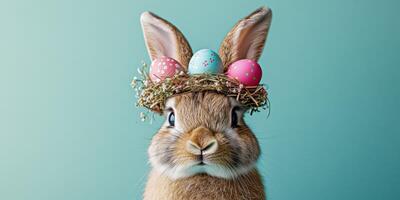 Cute rabbit with a nest of colorful Easter eggs on its head, celebrating the festive season in a cheerful way photo