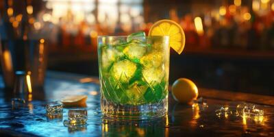 Refreshing cocktail with ice and lemon slice sits on bar counter during evening at popular nightlife spot photo