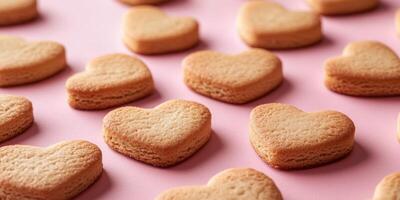 Heart-shaped cookies arranged on a pink background create a delightful pattern for a sweet treat display photo