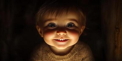 Child smiling in dim light while wearing a cozy sweater in a rustic indoor setting during evening photo