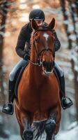 Horse and rider gallop through a snowy forest on a crisp day embracing winter's beauty and excitement photo